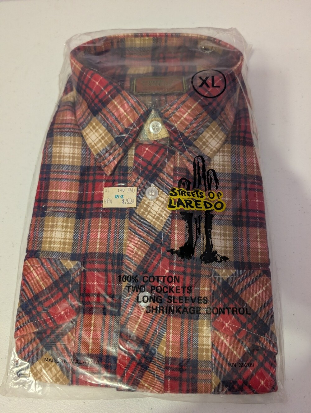 Vtg Streets of Laredo Tan/Red Flannel Shirt Men XL Cowboy Western 70s 80s NOS